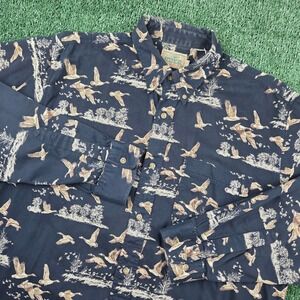 Vintage Redhead Flying Geese Waterfowl Print Button Down Shirt Navy Blue Mens LT